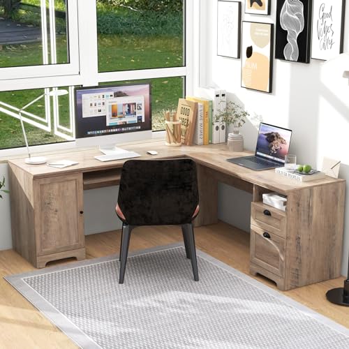 GOFLAME 66 Inch L-Shaped Computer Desk, Spacious Corner Desk w/Drawers, Cabinet & Keyboard Tray, Executive Office Desk, Study Gaming workstation for Home Office (Gray)