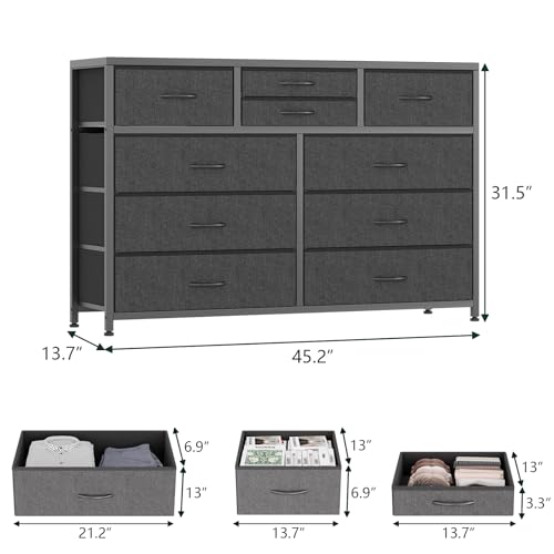 Wide 10 Drawer Dresser,TV Stand Entertainment Center Fabric Storage Dressers Drawers for Bedroom, Hallway, Nursery, Closets, Steel Frame, Wood Top, Black Willow