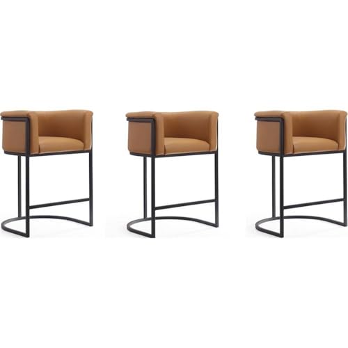 Manhattan Comfort Cosmopolitan Mid Century Modern Home Kitchen Counter Bar Stool, Set of 3, Camel