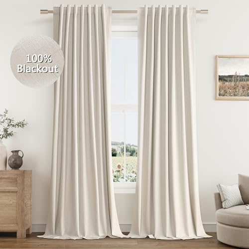 Cream Linen Blackout Curtains 102 Inch Length 2 Panels Set for Living Room Bedroom Back Tab Thermal Insulated 100% Black Out Linen Drapes Room Darkening Window Curtains 102 Inches Long Ivory Natural