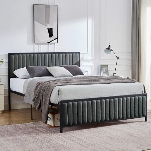 VECELO Twin Bed Frame with Upholstered Tufted Headboard & Footboard, Heavy Duty Steel Slats Platform, No Box Spring Needed, Gold
