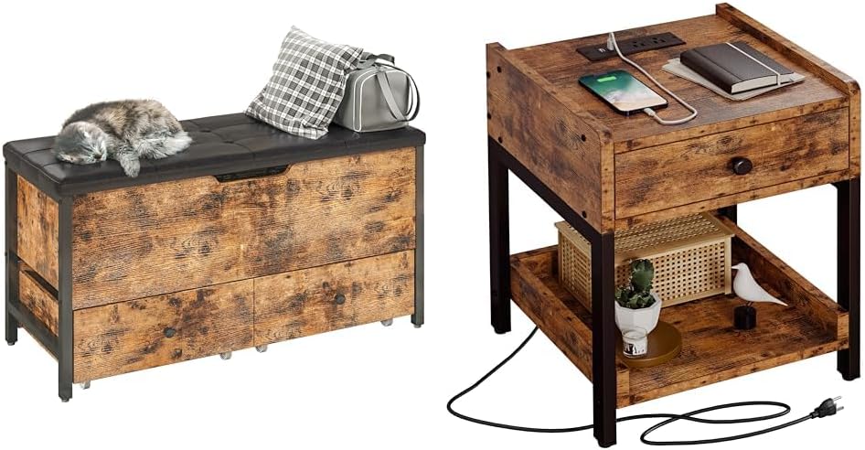 LIKIMIO Storage Bench with Flip Top Chest and Drawers + Bedside Table with Charging Station, Drawer and Shelf, Vintage Brown