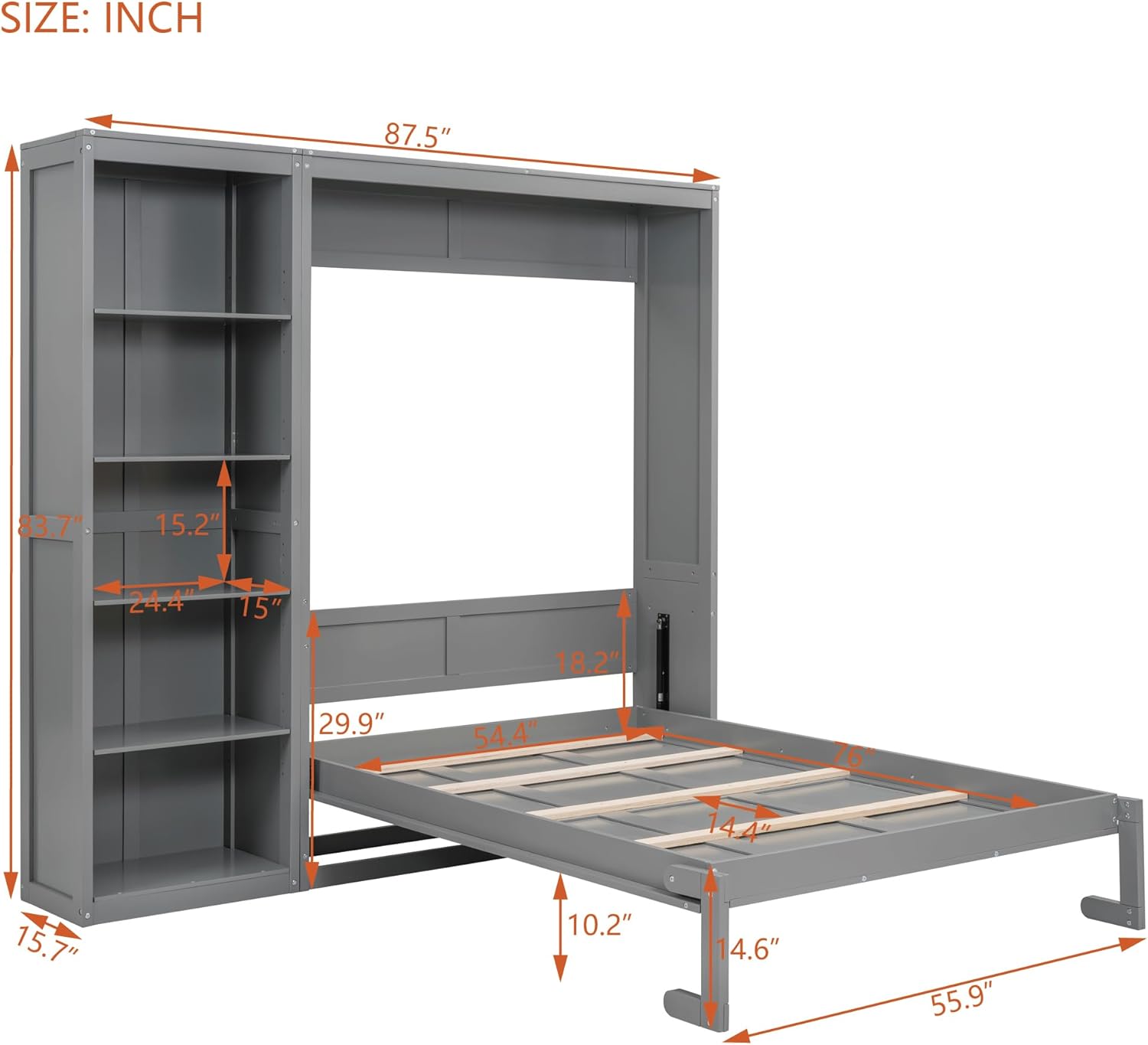 Full Size Murphy Wall, Classic American Cube Bed with Five Storage Open Shelf, Wood Slat Support, No Box Spring Needed, Space-Saving Design, Ider for Guest Room, Home Office, Gray