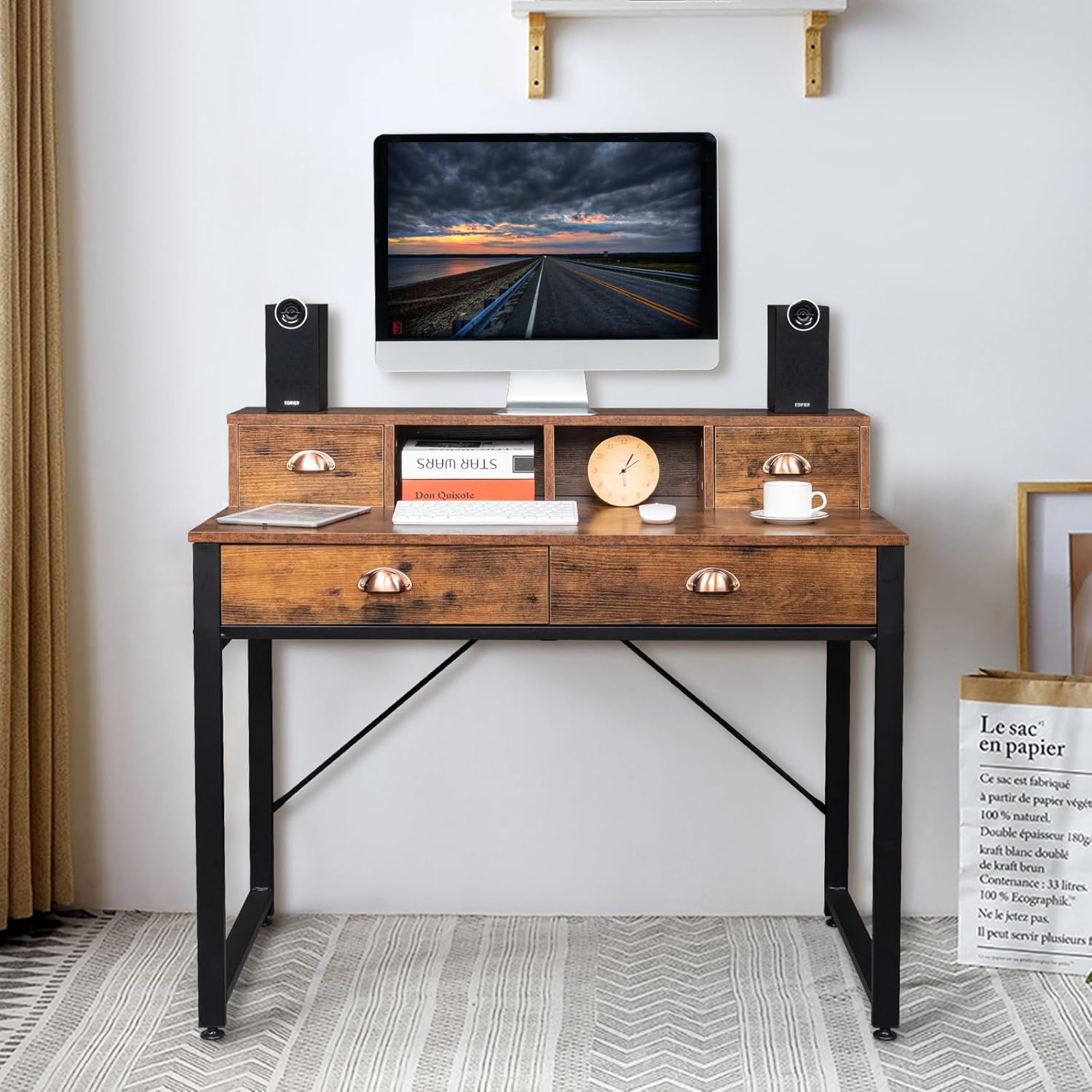 Computer Desk with Drawers and Monitor Stand,Home Office Study Writing Desk,Industrial Laptop Desk Workstation,Small Writing Desk with Drawers for Small Place (42'')