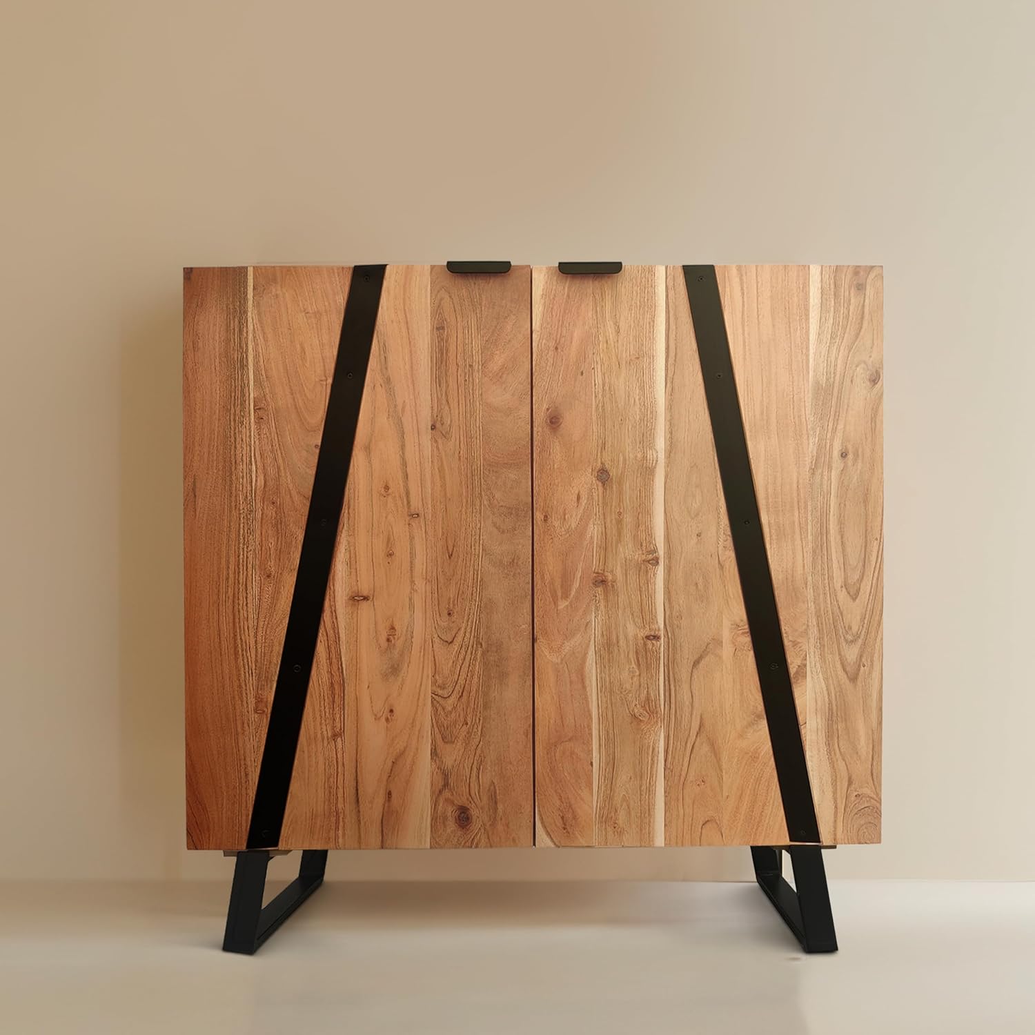 The Urban Port Aza Handcrafted 35 Inch Cabinet, Natural Brown Acacia Wood with Angled Black Iron Legs