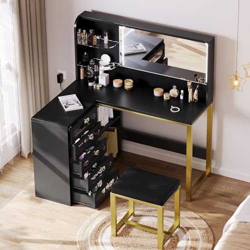 DWVO Vanity Desk with Drawers & LED Lighted Mirror 3 Lighting Mode & 48
