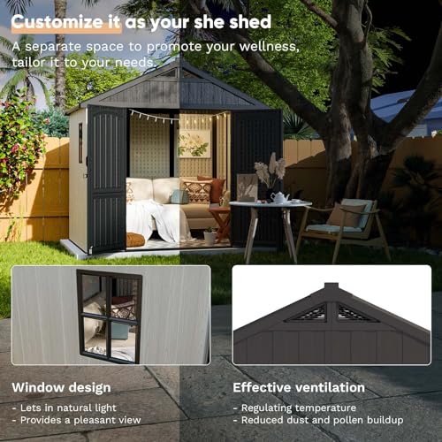 Patiowell 8' x 6' Plastic Outdoor Storage Shed with Floor, Resin Shed with Window and Lockable Door for Garden, Backyard, Tool Storage Use, Easy to Install in Gray and White (Kick-it Shed)