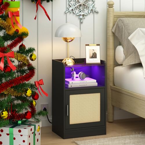 LAATOOREE Rattan Nightstand with Power Outlet and LED Light, Small Bedside Table with Charging Station, Side End Table with Storage Cabinet for Bedroom, Small Space