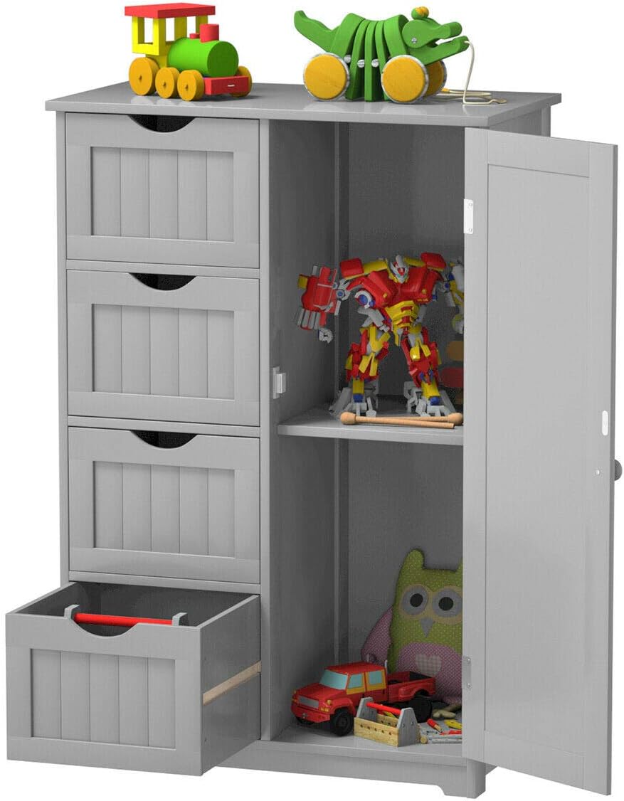 Elegant Design Multifunction Freestanding Bathroom Floor Cupboard Cabinet Storage Organize with 4 Drawer Adjustable Sturdy Durable for Toilet, Living Room, Bedroom, Corridor, Office Grey