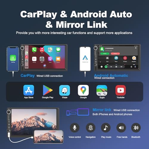 Double Din Car Stereo Radio with CarPlay & Android Auto, 7 Inch HD Touch Screen Car Radio with Bluetooth Backup Camera, AM/FM/USB Input, SWC, MIC, Mirror Link Car Stereo