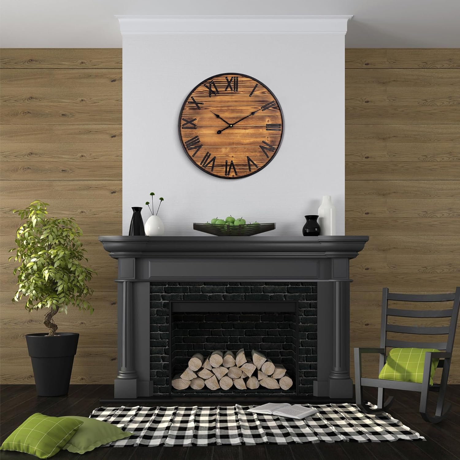 24 Inch Large Wall Clock, Rustic Wall Clocks Battery Operated Vintage Wall Decor with Metal Frame, Silent Non-Ticking Wooden Farmhouse Wall Clocks for Living Room, Bedroom, Kitchen