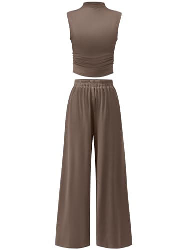 ANRABESS Womens 2 Piece Outfits 2024 Summer Mock Neck Sleeveless Cropped Tank Tops Wide Leg Long Pants Tracksuits Lounge Sets