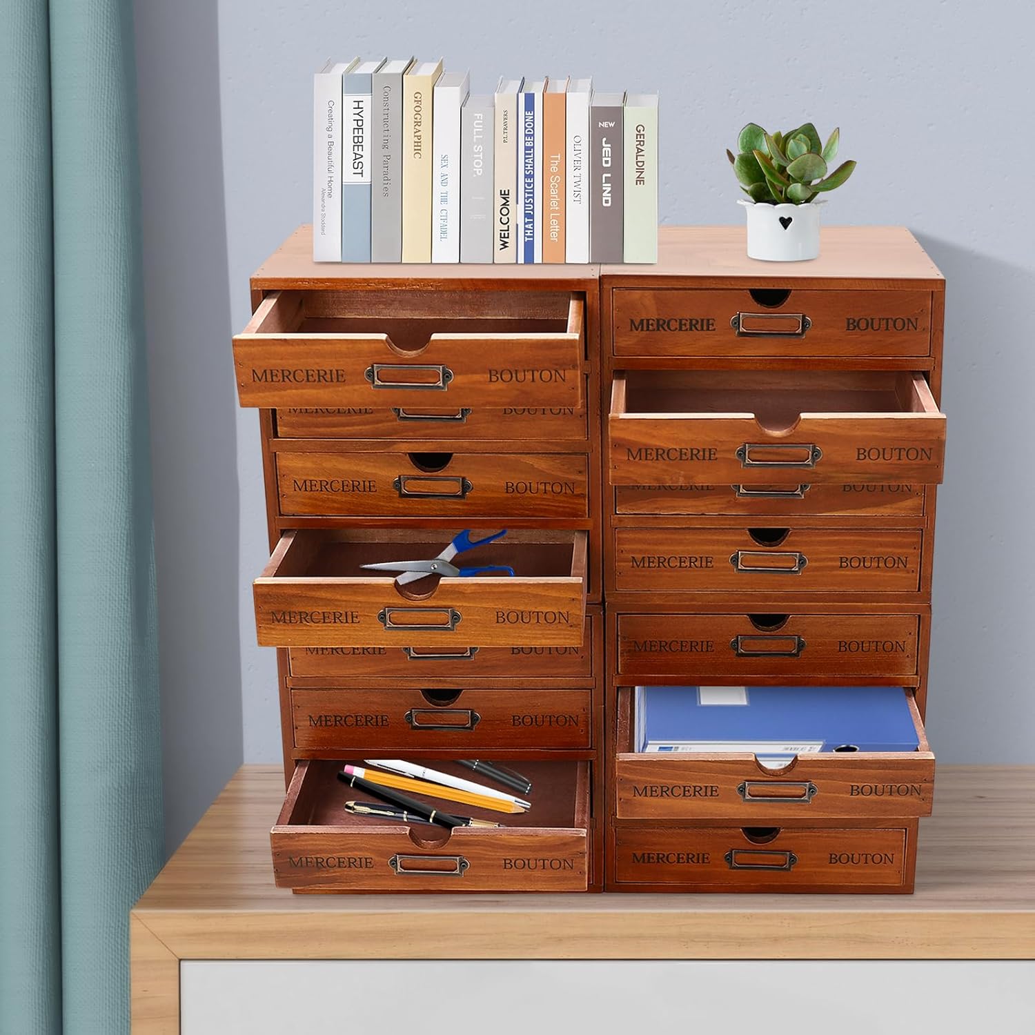 Elegant Wooden File Cabinet with 16 Drawers, 4Pcs 4-Slot Large Storage Box Cabinet Wooden Desk Drawer Unit, 85mm Thick Solid Wood Apothecary Cabinet Multifunctional Storage Box for Books Files