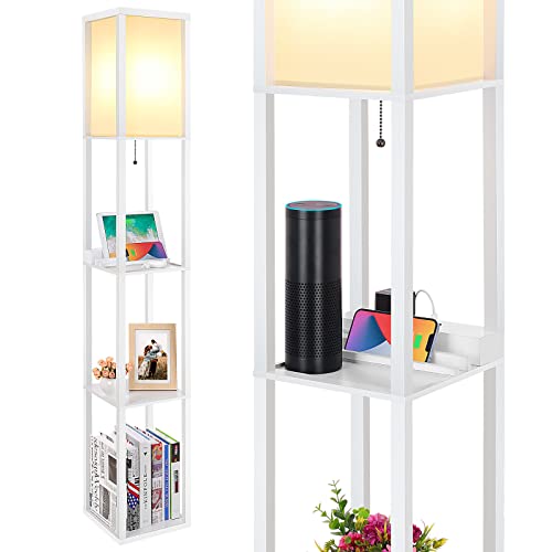 SHINE HAI LED Shelf Floor Lamp, Modern Standing Lamp with 2 USB Ports and 1 Power Outlet, 3-Tiered Display Floor Lamps with Shelves for Living Room, Bedroom and Office - Gray