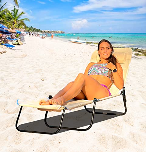Face Down Tanning Chaise Lounge Chair - Face & Arm Holes - 2 Legs Support - Polyester Material – Backrest Positions - Head Rest Pillow - Beach or Home Use - Read and Tan - Pink Stripes Pattern