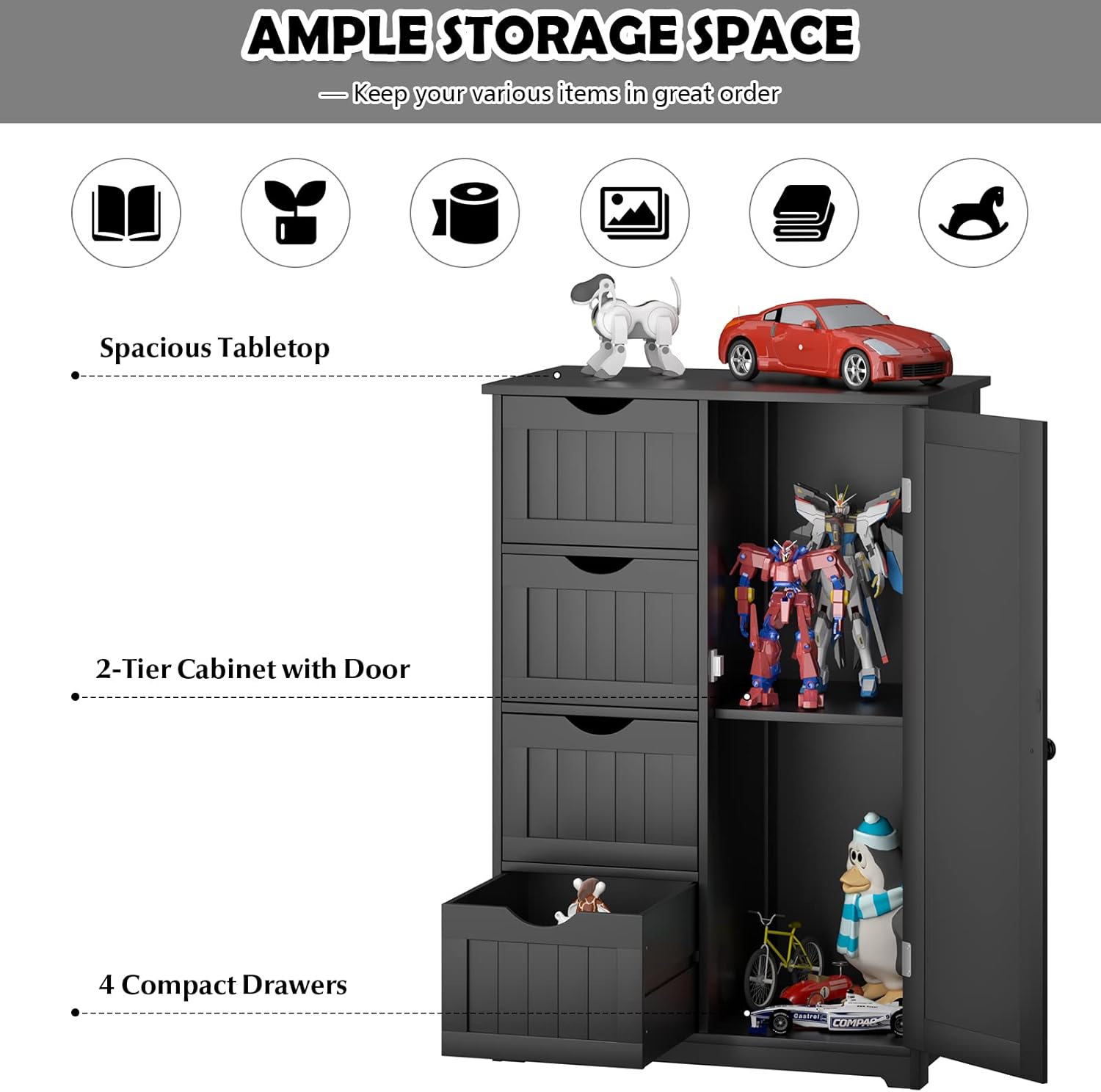 Bathroom Floor Cabinet, Freestanding Storage Organizer Unit with Adjustable Shelf, 1 Doors and 4 Drawers, Wooden Freestanding Cupboard for Entryway Kitchen Living Room (Black)