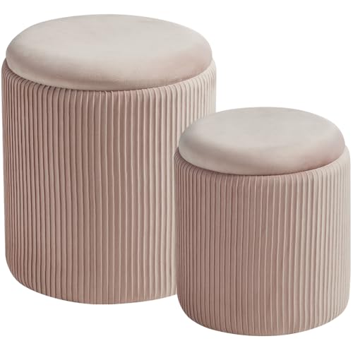 Round Set of 2 Ottoman with Storage-Upholstered Velvet Vanity Stool for Makeup Multifunctional Ottomans Coffee Table Padded Seat Foot Rest for Living Room&Bedroom (Pink)