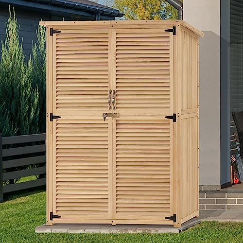 MCombo Outdoor Wooden Storage Cabinet, Garden Tool Shed with Latch, Outside Tools Wood Cabinet with Double Doors for Patio 1900 (Black, Large)