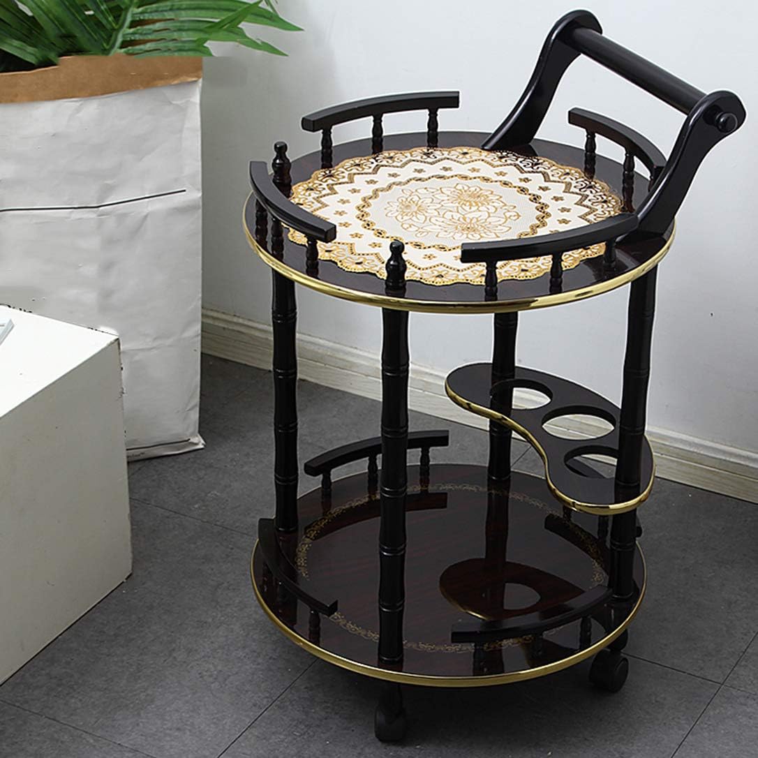 Round Serving Rolling 2-Tier-Shelf Bar Cart on Wheels,Serving Trolley,Kitchen Trolley with Wine Rack, Home Commercial,Handle Bottle Hold (Round Serving Carts)