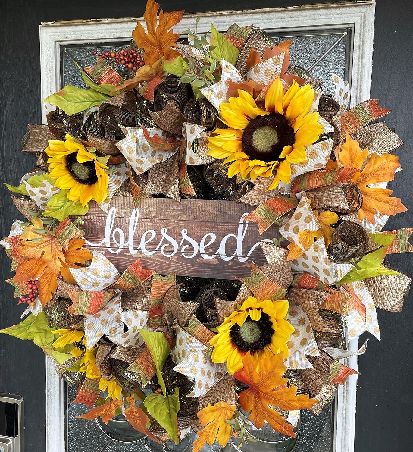 XL BLESSED Stunning Fall Thanksgiving Sunflower Floral Fall Brown Polka Dot Deco Mesh Front Door Wreath, Door Hanger, Country Home, Farmhouse Decoration, Porch Sign