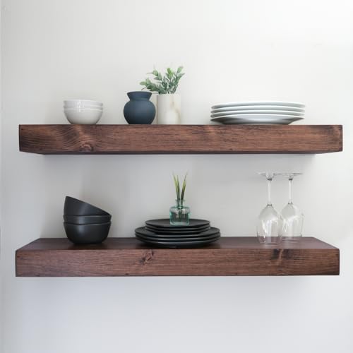 Modern Floating Shelves 3 Inches Thick for Wall, Wide Shelves for Kitchen, Living Room, Bedroom, and Bathroom, Natural Pine Wood, Rustic Wooden Shelf, (Set of 2) (Jacobean, 24Lx3Hx6D)