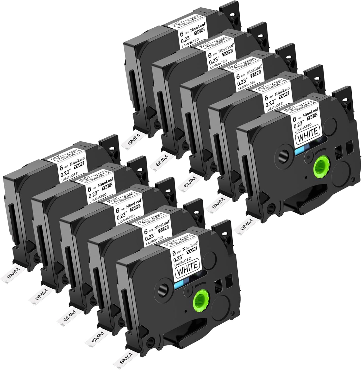 NineLeaf 10PK Compatible for Brother P-Touch Label Maker Tape TZe-211 TZe211 TZ-211 TZ211 6mm 0.23 Laminated Black on White TZe TZ Label Tape for PT-2200 PT-2430PC PT-2610 PT-2700