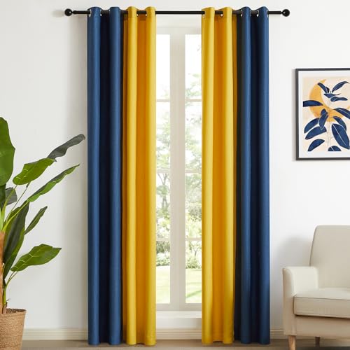PRIMROSE Semi-Blackout Faux Linen Curtains for Living Room, Modern Light Filtering Room Ombre Curtains Window Drapes for Bedroom Grommet Grey Yellow 63 inch Long 2 Panels