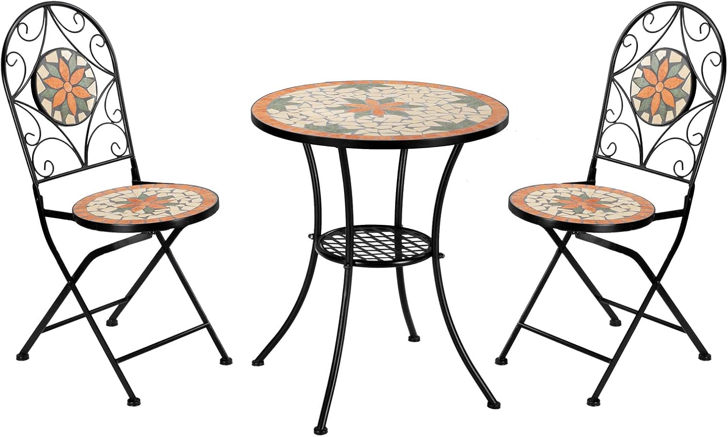 VINGLI 3 Pieces Garden Patio Mosaic Table, Outdoor Bistro Set with Folding Chairs,Black Iron Frame