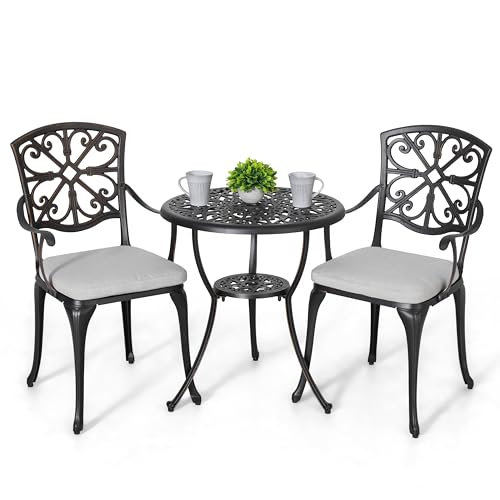NUU GARDEN Bistro Set 3 Piece Outdoor All Weather Cast Aluminum Patio Bistro Set Patio Table and Chairs Set of 2 with Umbrella Hole for Backyard, Balcony, Lawn, Black