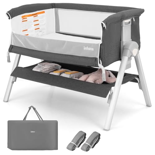 INFANS Baby Bassinet Bedside Crib, Newborn Sleeper w/Large Storage Basket, Adjustable Heights & Angle, Detachable &Washable Mattress, Breathable Mesh, Straps, Easy Moving Bed Side (Pink)