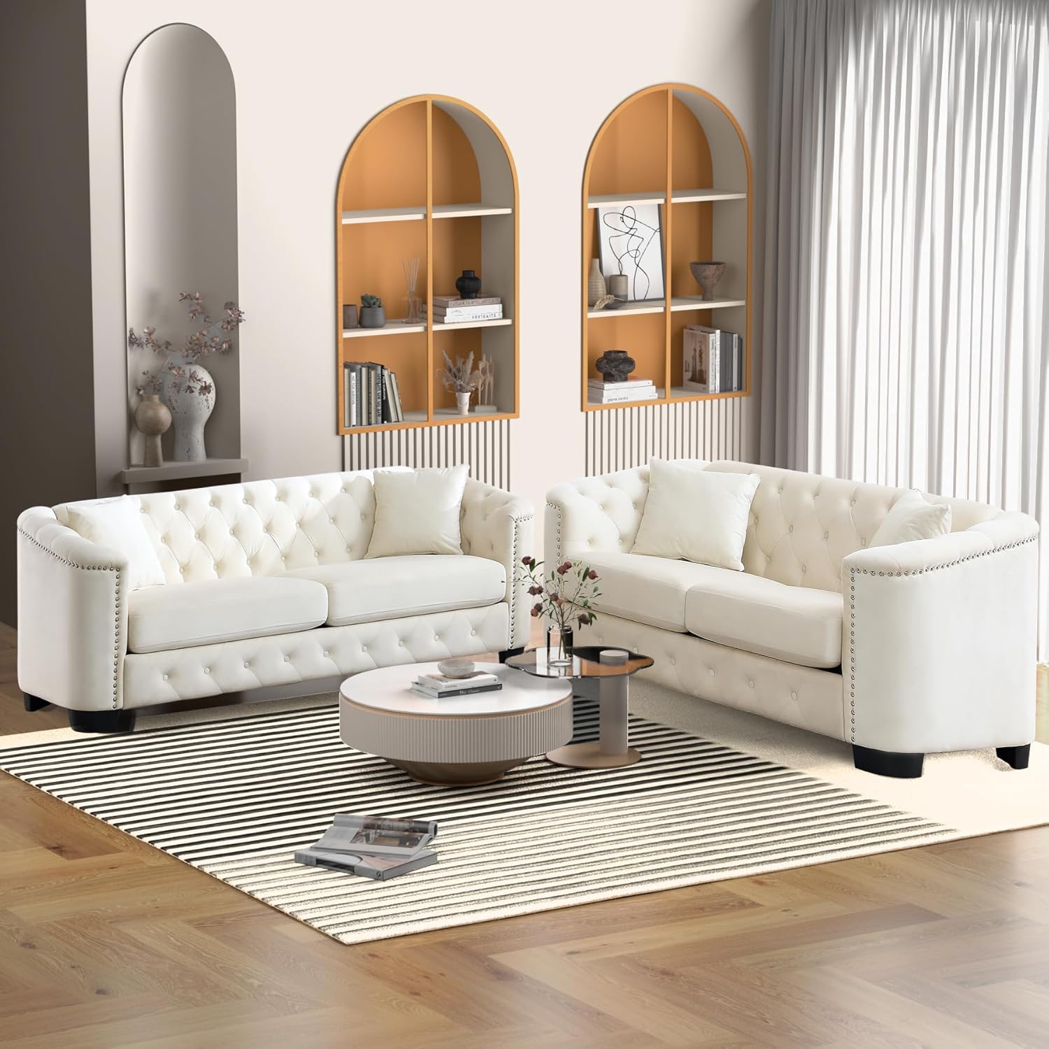 77 Inch Sofa Couch, Modern Velour Upholstered Couch Tufted Velvet Casual Sofa High Nailhead Arms Decor with 2 Pillows Big Comfy Couch Sofas for Living Room,3-Seater Couch,Beige