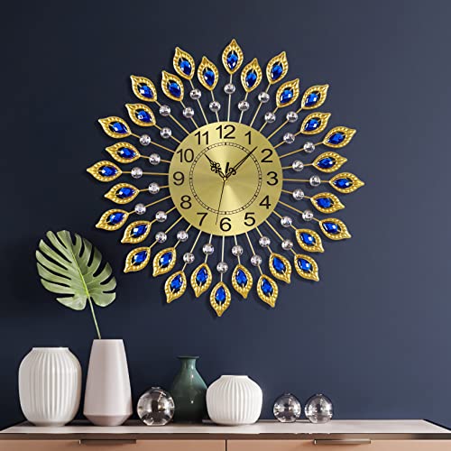 24.0 Inch Gold Large Wall Clocks for Living Room Decor,Elegant 3D Modern Wall Clock with Dial Arabic Numberals Non-Ticking Silent Big Wall Clocks,Diamond Round Home Decoration Kitchen Clocks