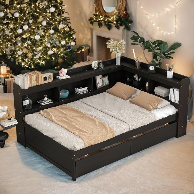 Bed Frame with Bookcase, Platform Bed Frame with Storage Full Size, Captain Full Size Bed Frame for Kids Teens Adults Bedroom, Wood Slats Support, No Box Spring Needed, Grey