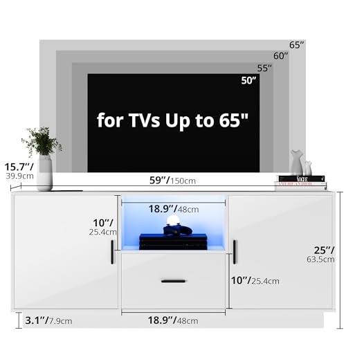 Cozy Castle LED TV Stand for 60/65 Inch TV, Modern TV Console with Storage, White Entertainment Center with High Gloss, TV Console Table for Living Room, Bedroom, White
