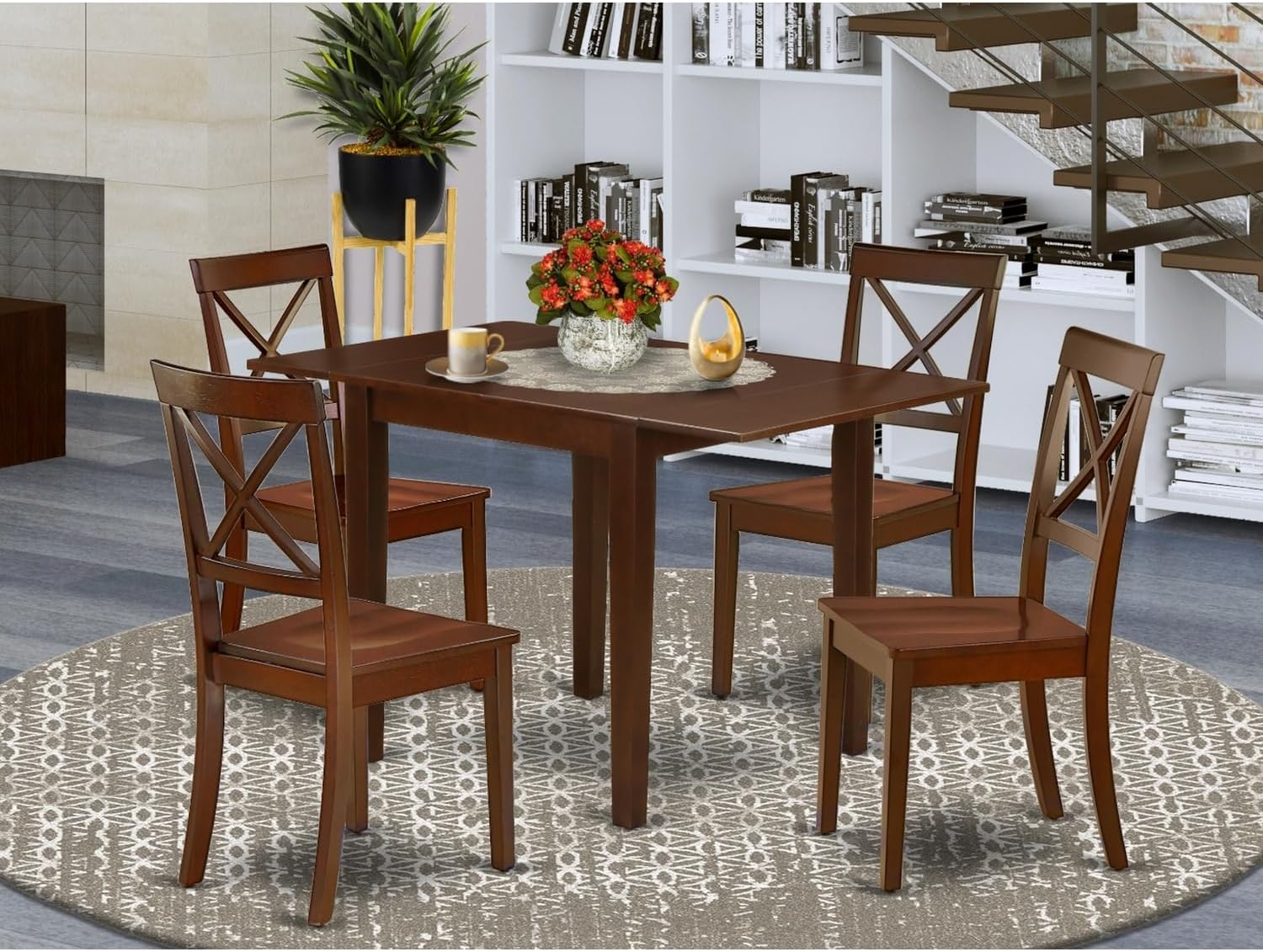 Victorian Virtue Modern Dining Table Set 5 Pc- 4 Fabulous Wooden Chairs and an Eye-Catching Dining Table - Mahogany Finish Hardwood Chair Seat - Mahogany Finish Solid Wood Structure.