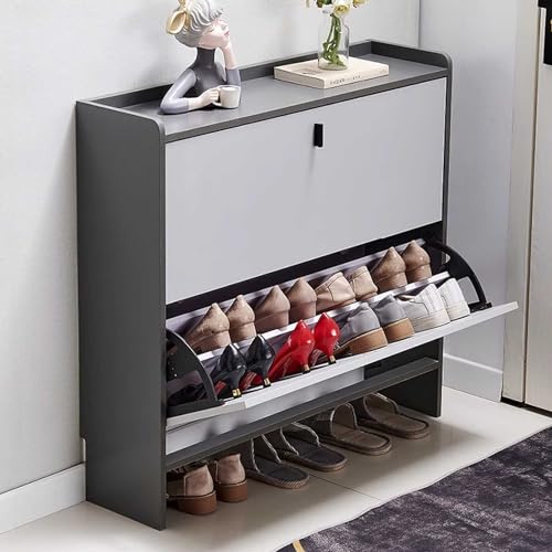 Shoe Storage Shoe Storage Cabinet for Entryway Slim Hidden Shoe Cabinet with 2 Flip Drawers 3 Layers Small Shoes Storage Cupboard for Hallways