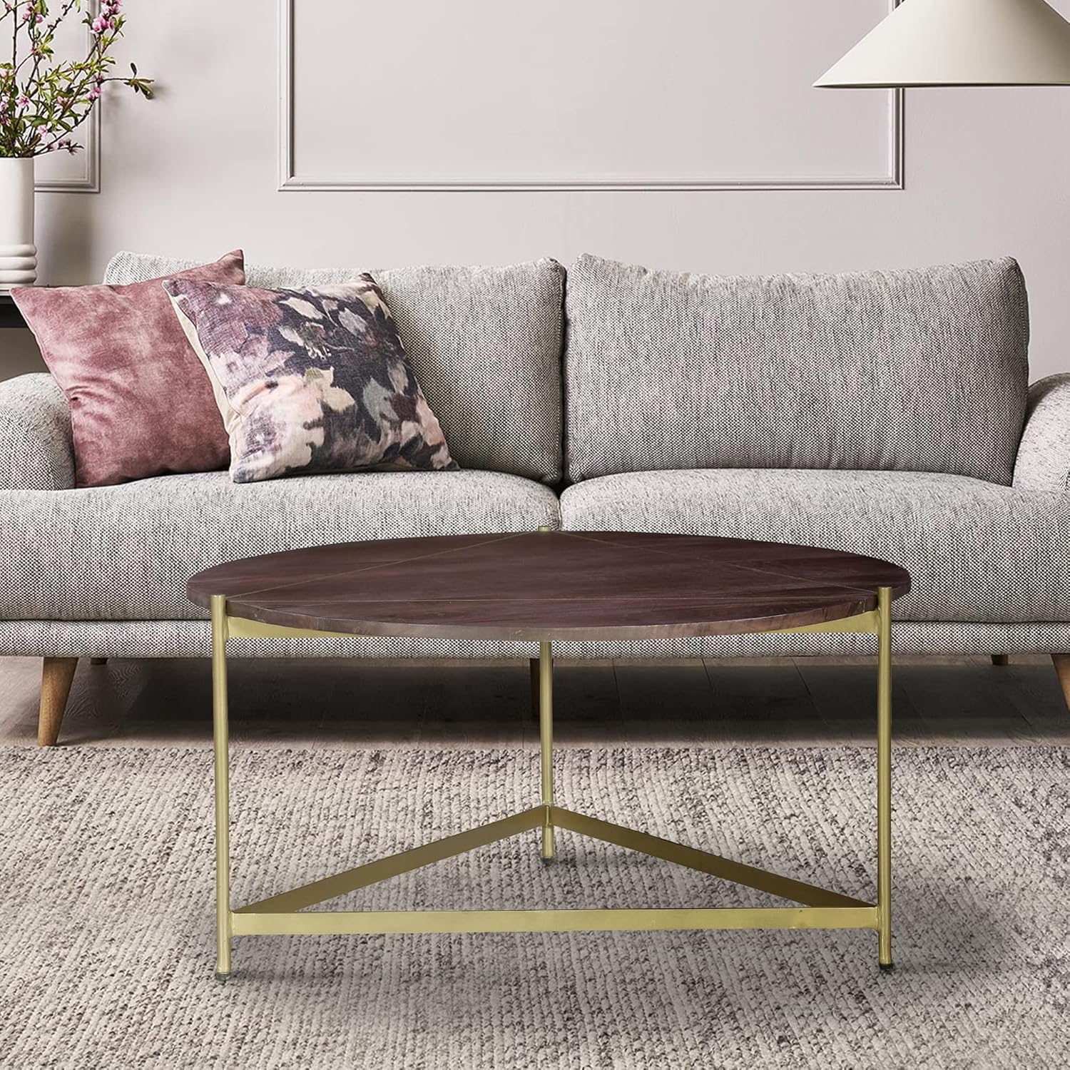 Ellis 32 Inch Round Wood Coffee Table with Brass Metal Base, Brown, Matte Gold,Living Room Table Modern Funiture Table