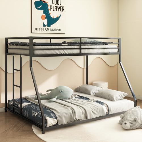Metal Bunk Bed Frame,Twin Over Full Bunk Bed,Twin Over Twin Bunk Bed for Kids, Teens & Adults Bunk Bed with Stairs & Flat Rungs,No Box Spring Needed,for Small Spaces, Twin-Over-Full (Black)