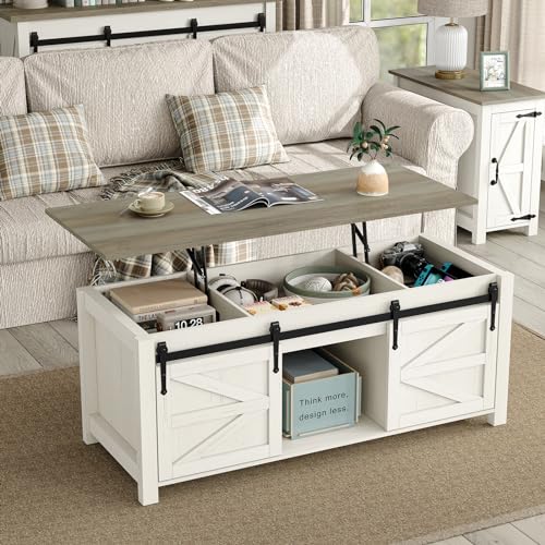 Lift Top Coffee Table with Storage, 47.3'' White Farmhouse Center Table with Sliding Ironmesh Doors, Rustic Brown Top Rectangular Coffee Table for Living Room