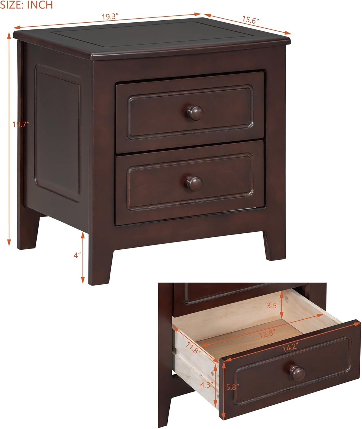 2-Drawer Nightstand for Bedroom, Mid Century Retro Bedside Table with Classic Design,Dark Walnut