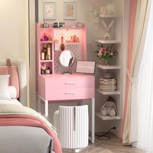 Small Vanity Desk with Hutch and Drawers, Pink Makeup Vanity Desk with Charging Station, Vanity Table Dressing Table with LED Lights, Vanity Desk No Mirror with Pegboard for Girls Women, 24