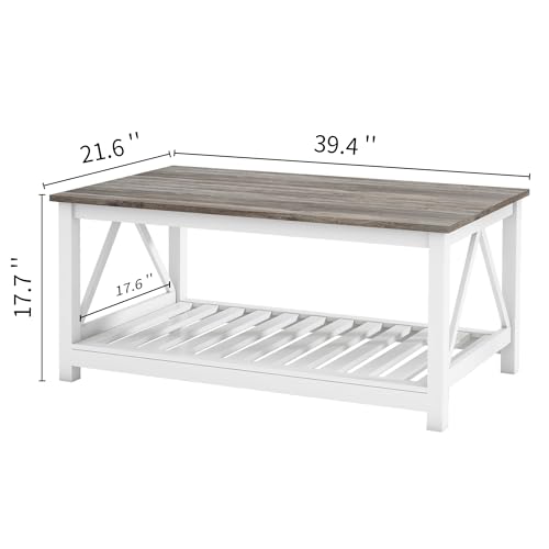 Farmhouse Coffee Table with 2-Tier Storage Shelf Rectangular Rustic Vintage Wood Cocktail Table for Living Room, Oak Grey