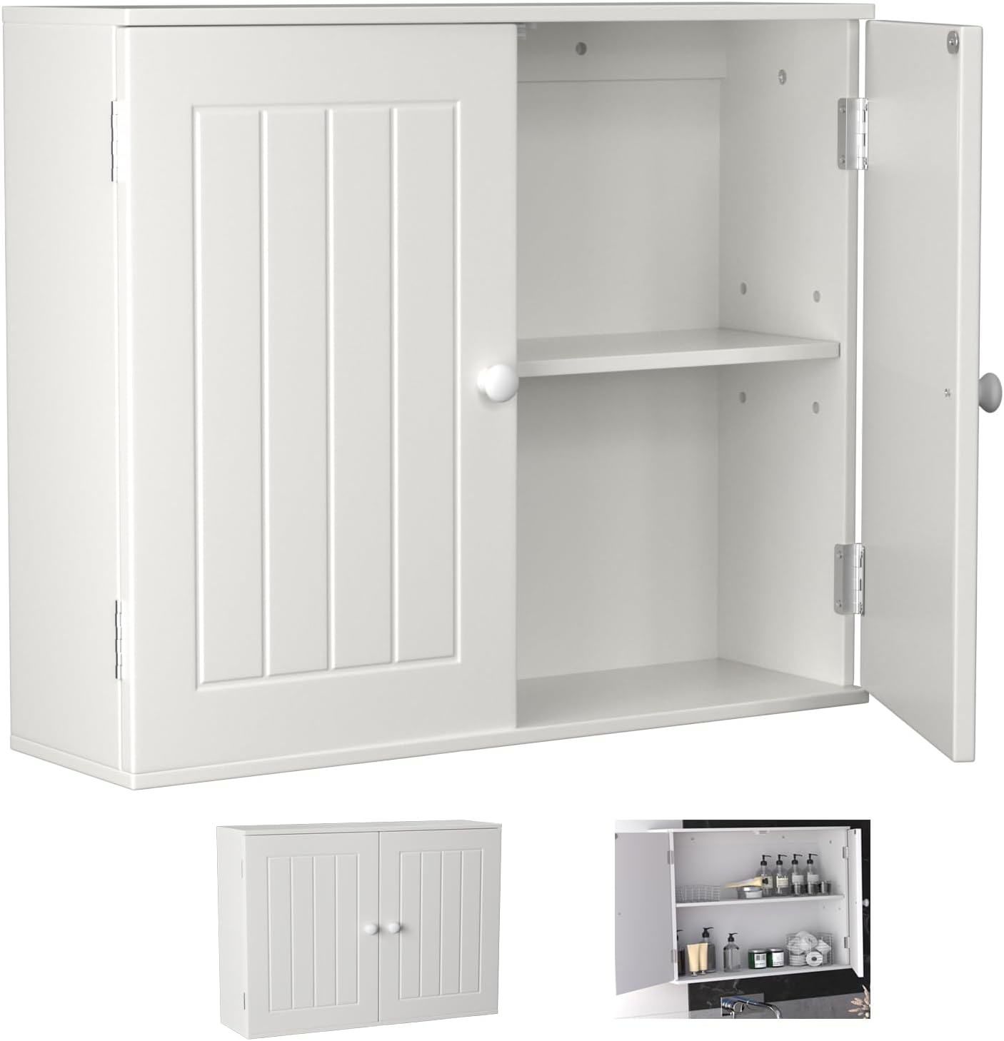 Bathroom Cabinet Storage, Wall Cabinet, Kitchen Storage Cupboard Hanging Bathroom Wall Organiser Unit, Double Doors with Adjustable 2 Shelf for Storage Toiletries, 23.6 * 20 * 6 Inch, White
