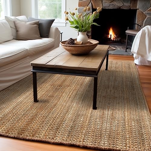 Jute Handspun Area Rug - Premium Jute Handwoven Reversible Chunky Textured Tan Beige Neutral Throw Accent Rug Carpet - Rustic Farmhouse Living Room Bedroom Den Study Décor - 8'6