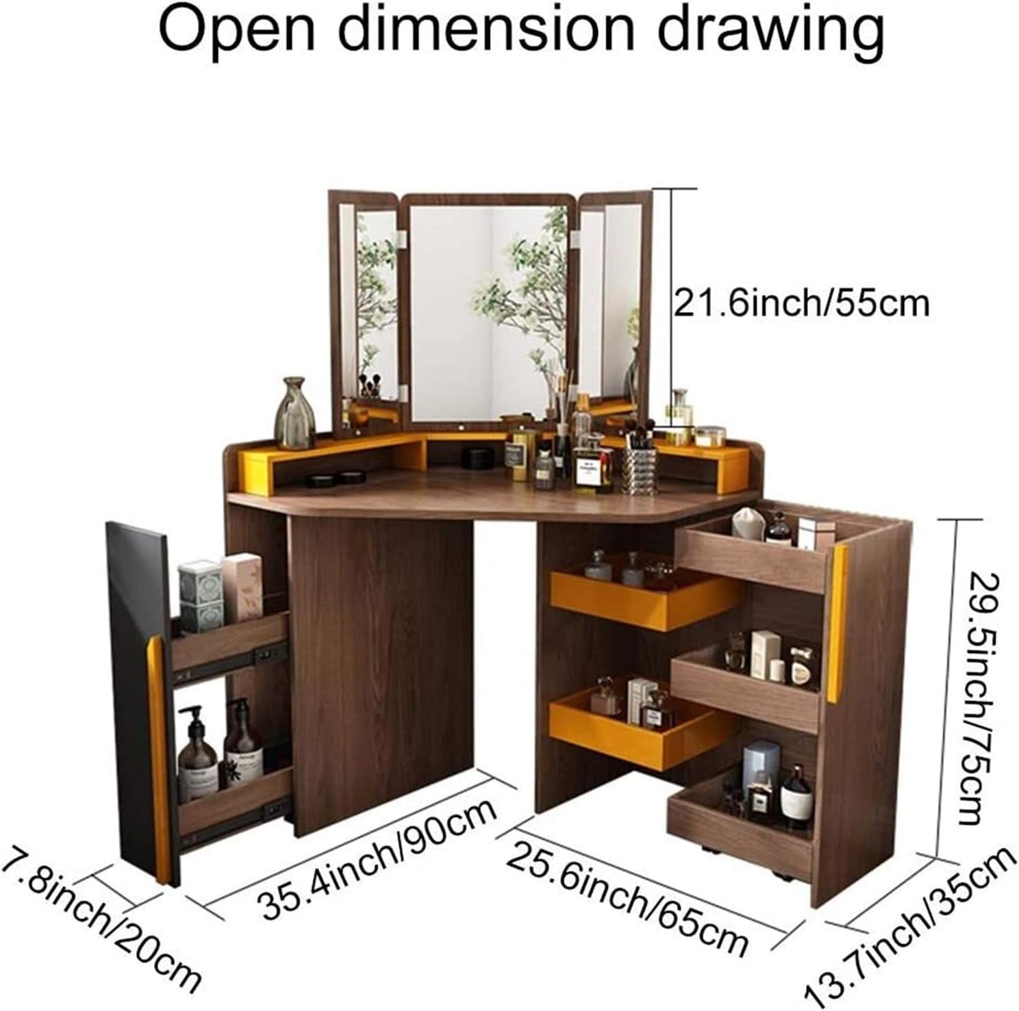 Vanity Living Bedroom Dressing Tables Vanity Desk Corner Dressing Table with Mirror Vanity Table Set with Stool 7 Drawer for Bedroom Set Villa Furniture Bedroom Storage (Color : Brown) (Brown)
