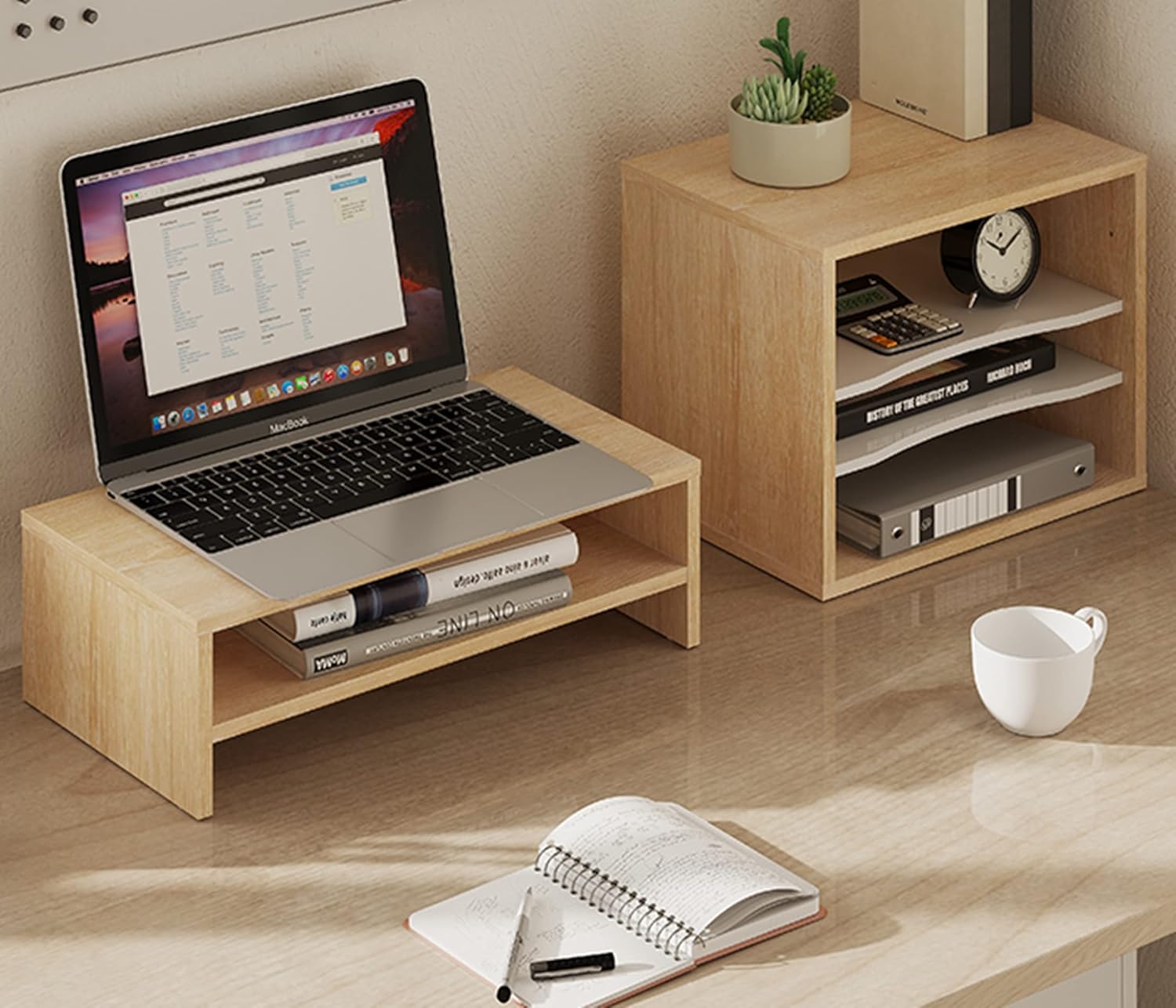 FITUEYES 2-Tier Monitor Stand & 4-Tier Desk Paper Sorter Organizer, Light Wood