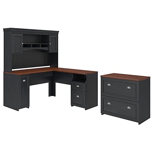 Bush Furniture Fairview L Shaped Desk with Hutch and Lateral File Cabinet, 60W, Antique Black
