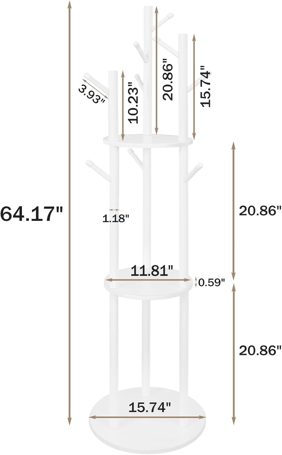 Coat Rack Freestanding Wooden Hat Rack Stand with 9 Hooks and 3 Round Tray Storage Shelves for Hanging Clothes Hats Bags Umbrella Keys for Entryway,Hallway,Bedroom (White)