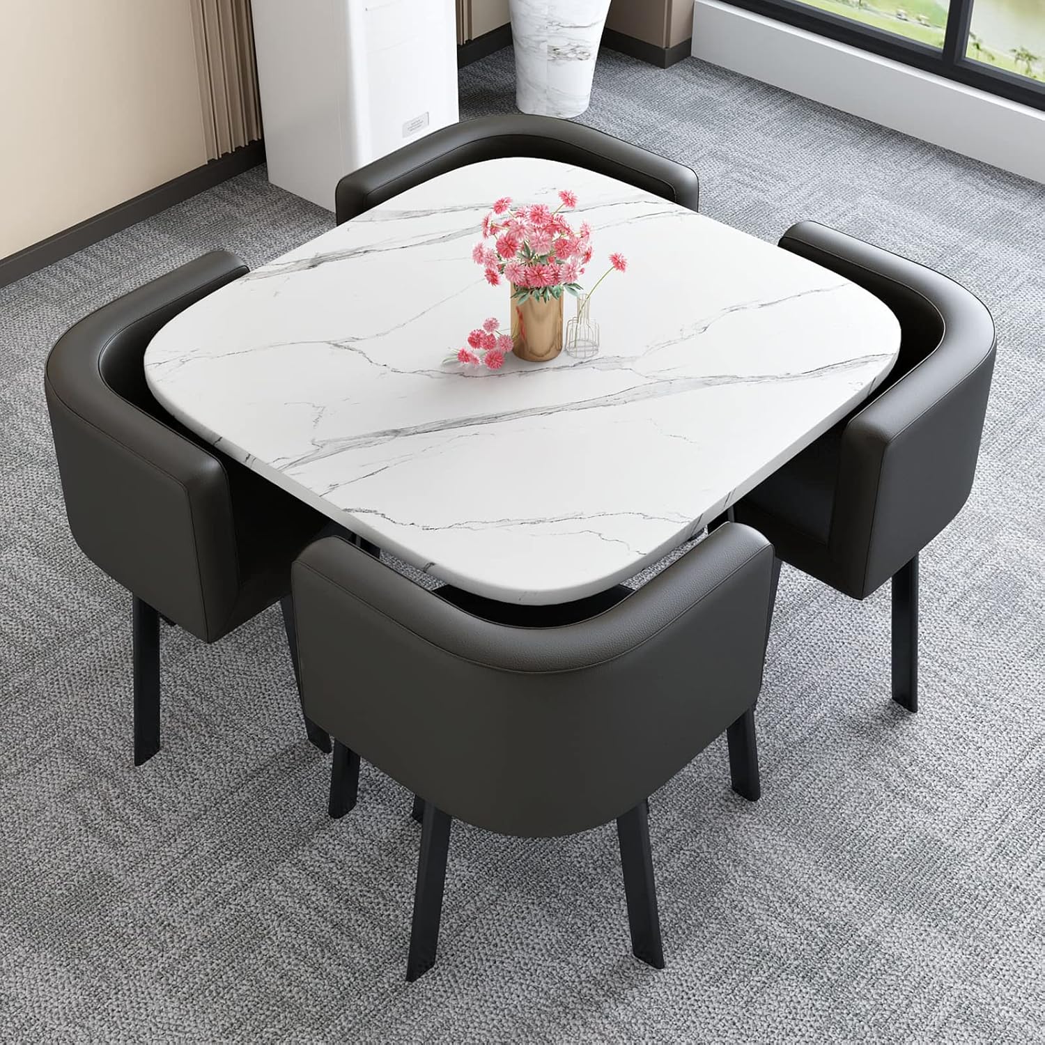 Marble Texture Round Dining Table Set Space Saving Round Dining Table Set 4 Seater Coffee Table Round Table for Dining Room and Kitchen with Recessed Rest