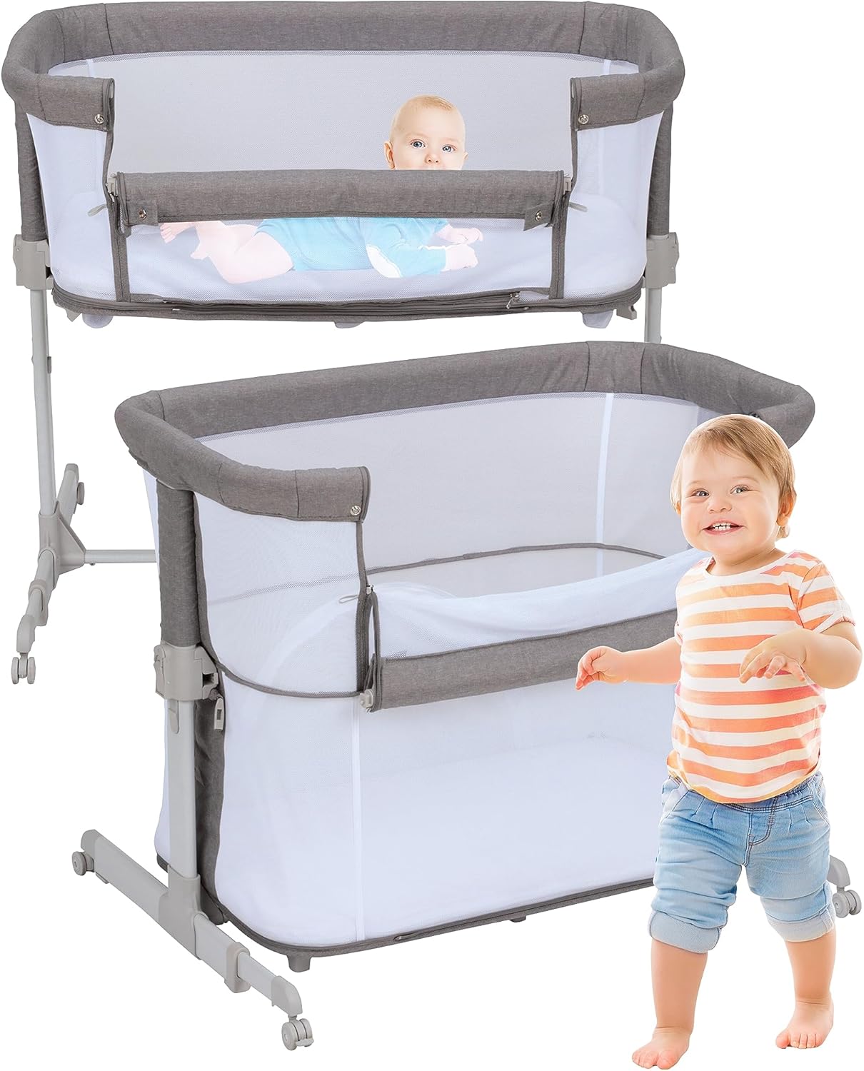 Baby Bassinet Bedside Sleeper Baby, Crib, and Playpen Mattress, 4in1 Mesh Portable Bassinet with Wheels for Babies and Toddlers up to 12 Months